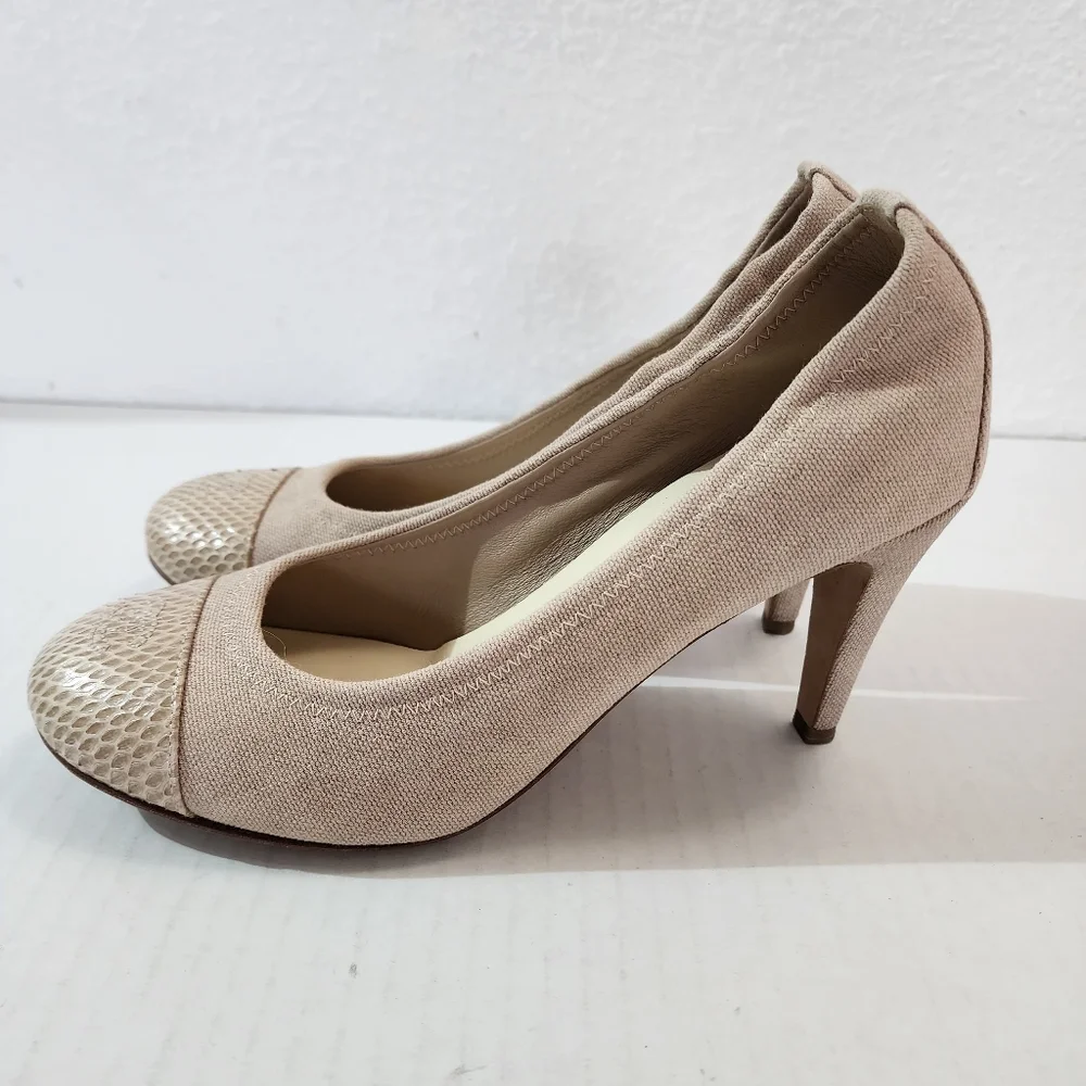 CHANEL Cap Toe Pumps Beige Canvas Snakeskin Leather EU 39.5 US 8.5